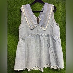 POL Denim Sleeveless Top with Frayed Edges
